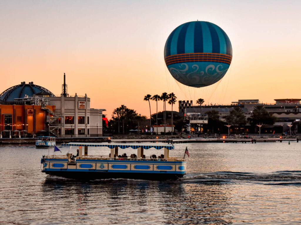 Colorful sky over Disney Springs during sunset