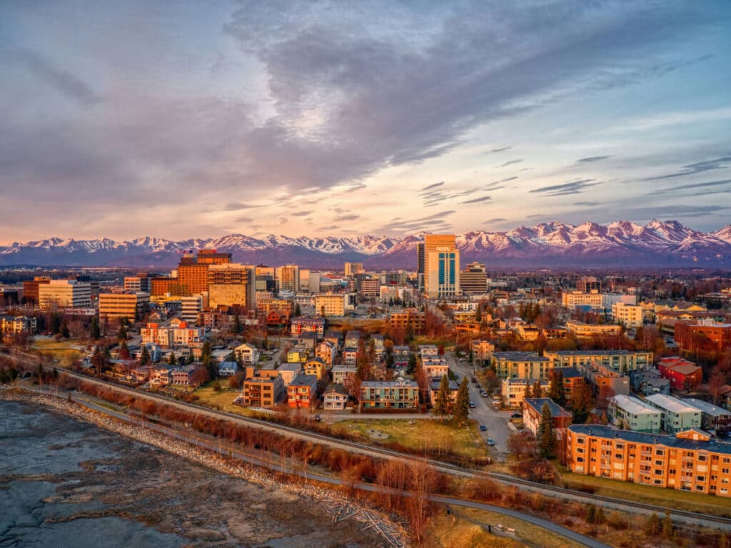 Aerial view of Downtown Anchorage during sunset