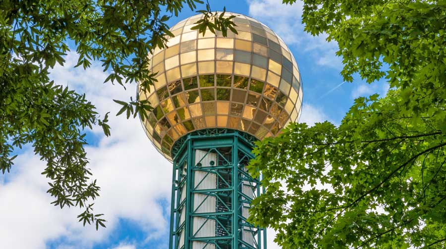 View of the Sunsphere in Knoxville under the blue sky