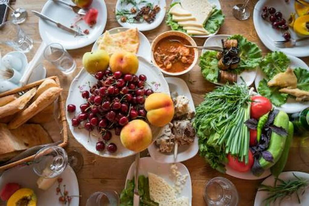 Food on a table at a typical Georgian supra