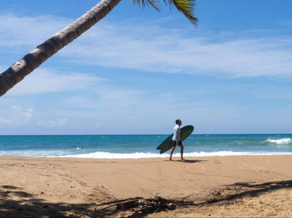 A man walking along the shoreline while carrying a surf board at Domes Beach