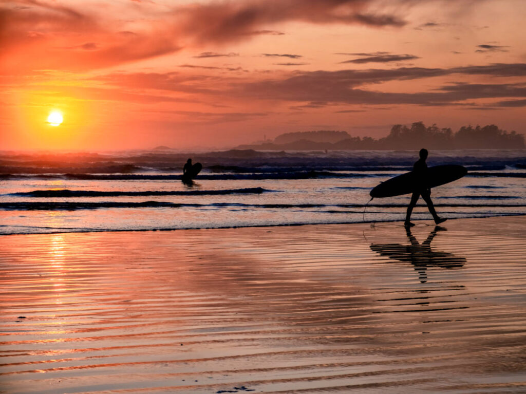 The surfers along the shoreline of Tofino at sunset