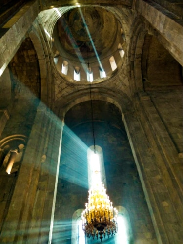 View of the great interior and chandelier of Svetitskhoveli Cathedral