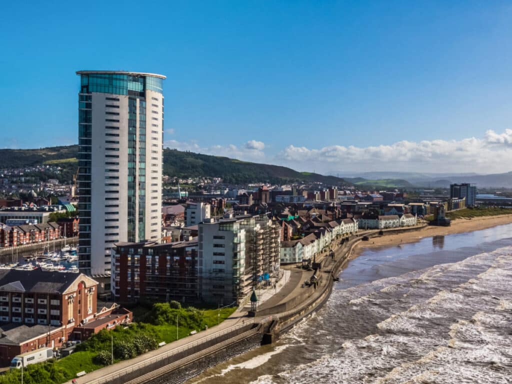 Aerial view of the water front city center in Swansea Bay