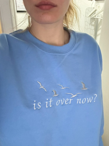 The author wearing the sweatshirt from Pie in the Sky