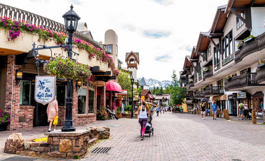 People wandering at a Swiss style resort town