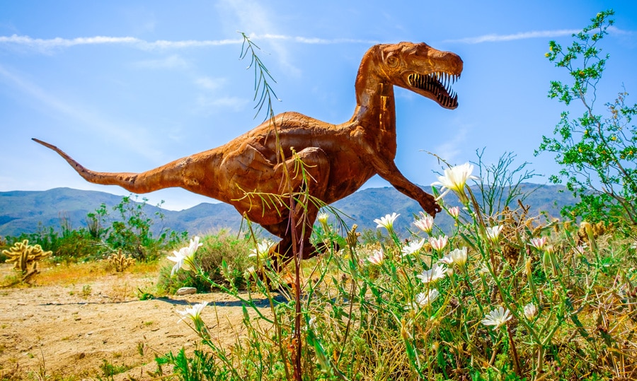 View of an amazing T-rex metal sculpture piece in Anza Borrego Desert State Park