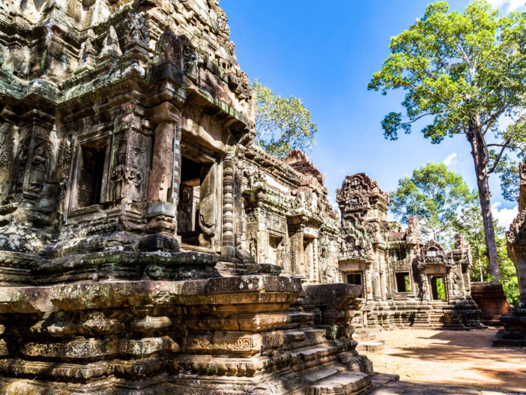 View of the iontricate exterior of Ta Prohm Temple