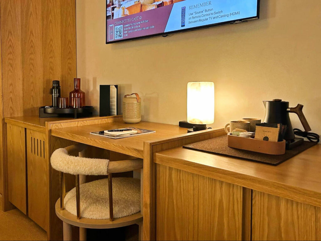 View of a table with complimentary coffee and tea from Mollie Aspen