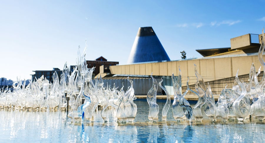 View of glass sculpture outside the Museum of Glass