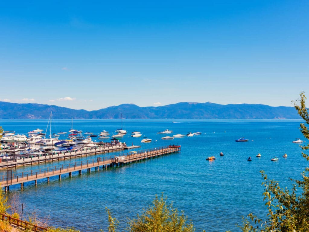 Clear blue sky over a marina in Tahoe City, California