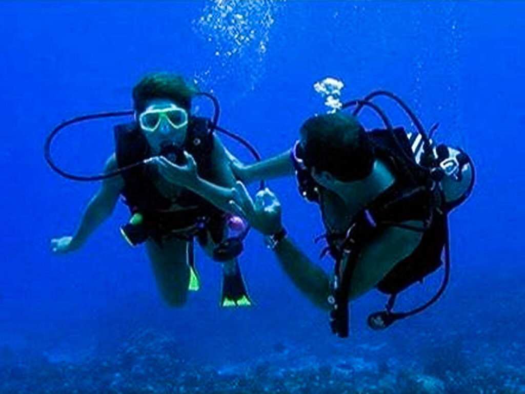 The divers under the water