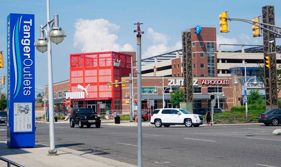 View of the Tanger Outlets signage on a street in Atlantic City