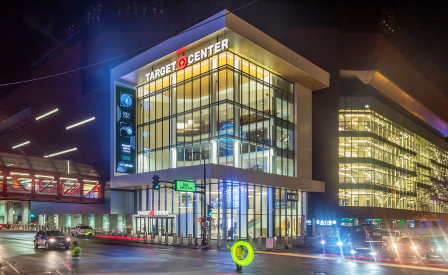 The Target Center illuminated at night