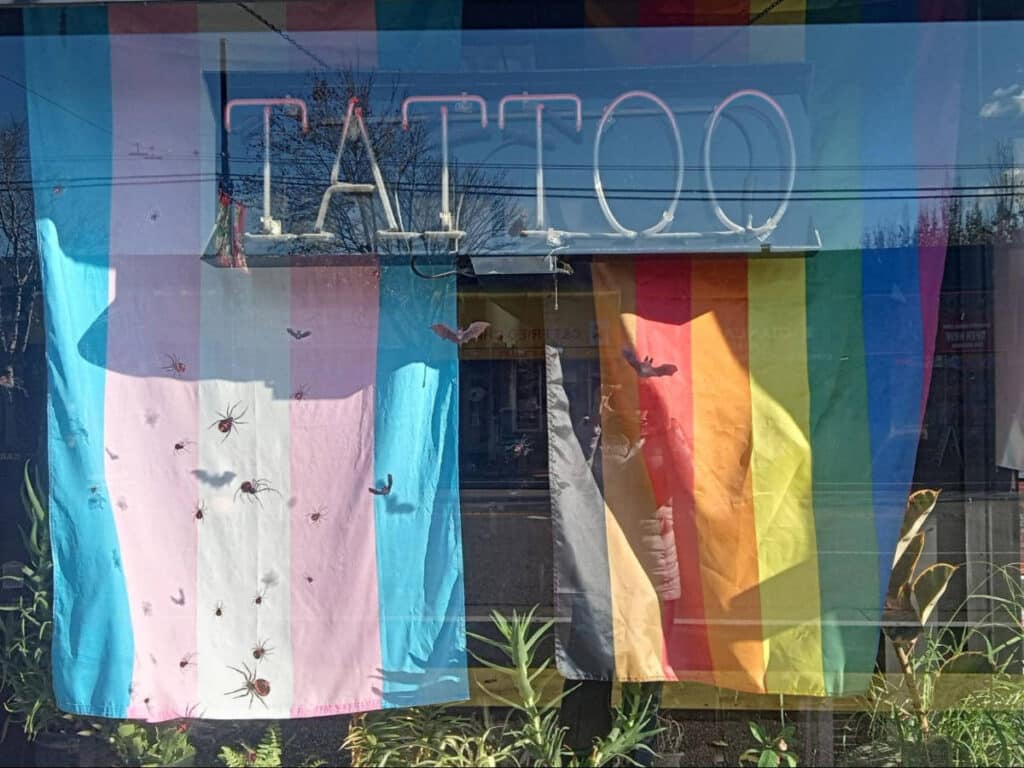 LGBT flag displayed on a tattoo shop in Vancouver