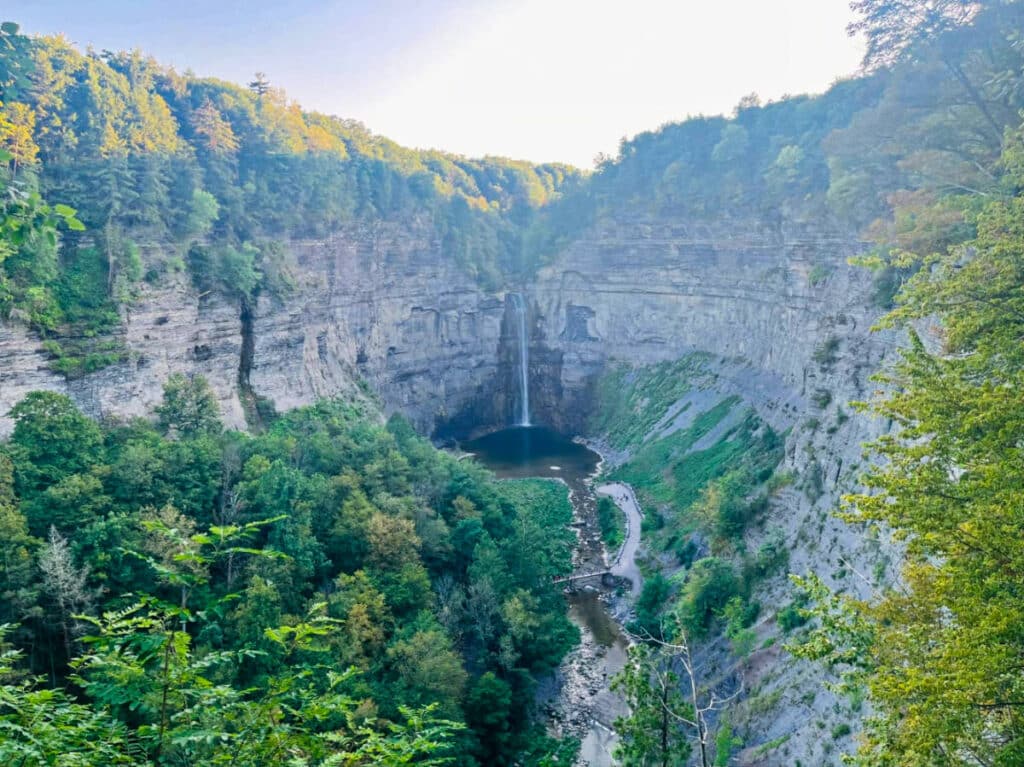 Overlooking view of the picturesque and hazy Taughannock Falls State Park
