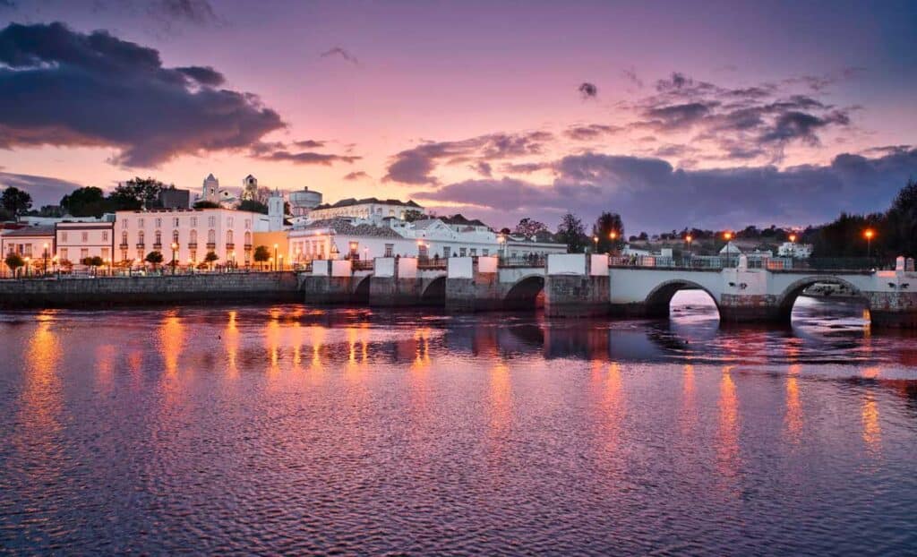Colorful sky over the town of Tavira in Portugal during sunset