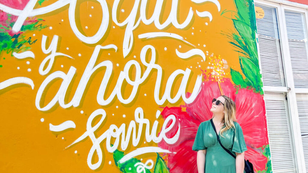 The author Taylor Herperger with a colorful mural on her background