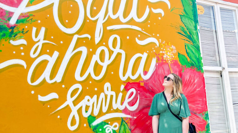 The author Taylor Herperger with a colorful mural on her background