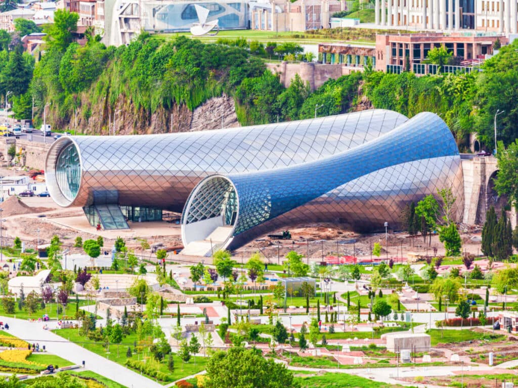 Aerial view of the huge and unique architecture at the Rike Park in Tbilisi
