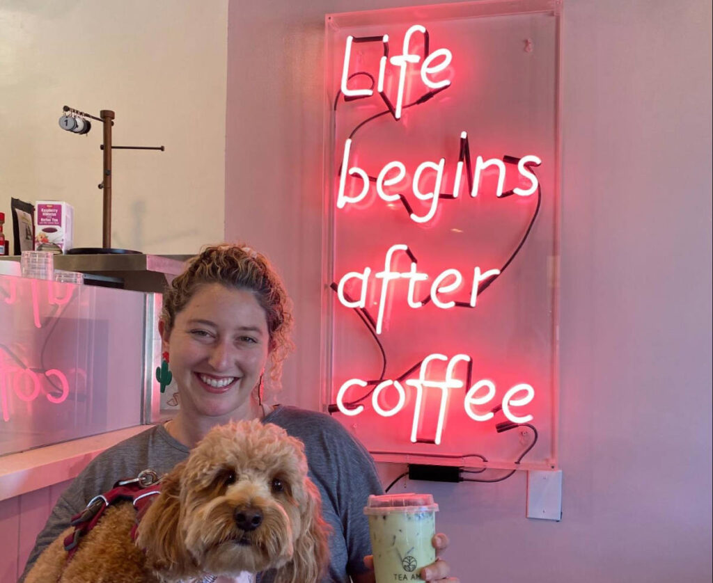 The author, Jess Levy with her dog at the Tea Amo