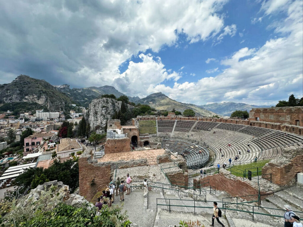 Overlooking view of people at the Teatro Antico di Taormina