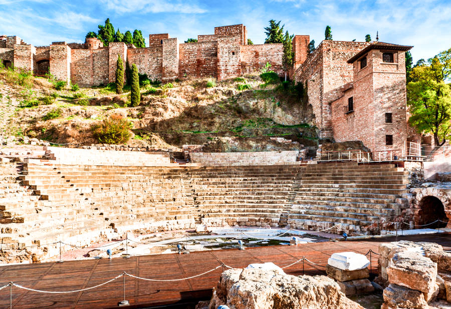 Panoramic view of the ruins of The Roman Theatre in Malaga
