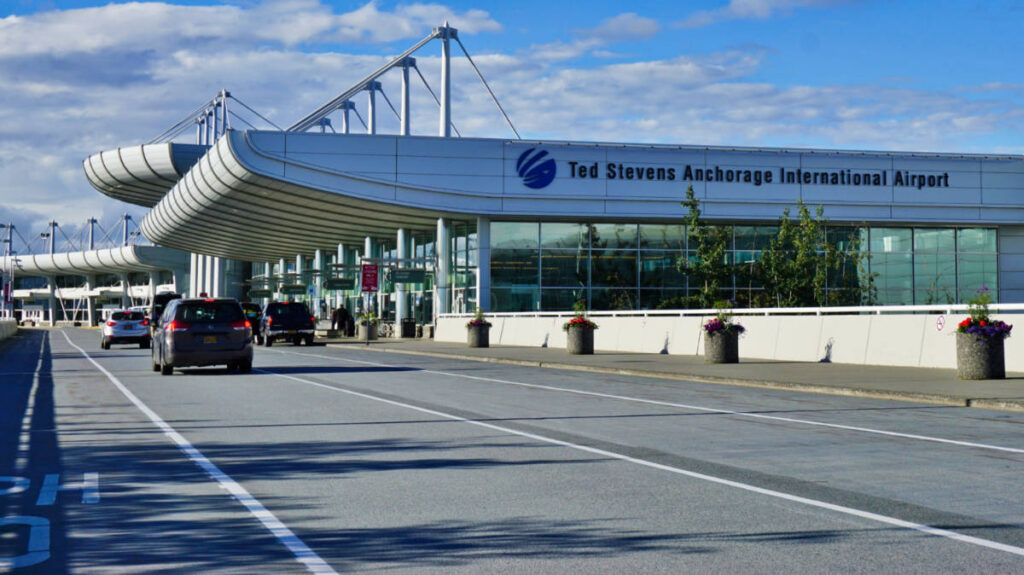 Exterior view of the Ted Stevens International Airport in Anchorage