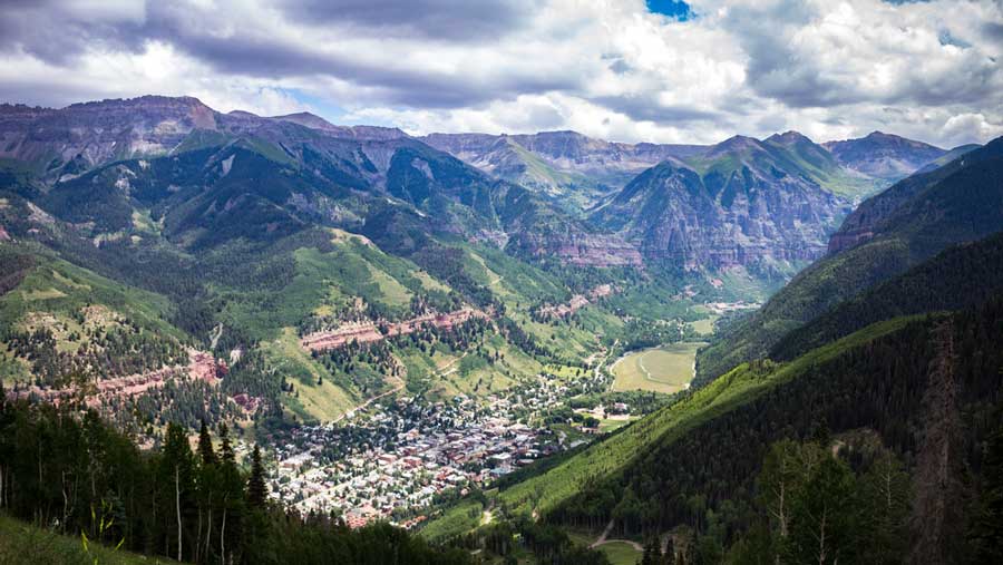 Aerial view of the town and mountain valleys of Telluride