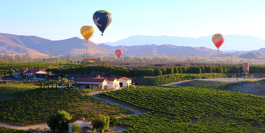 View of hot air balloons flying above the Temecula Valley