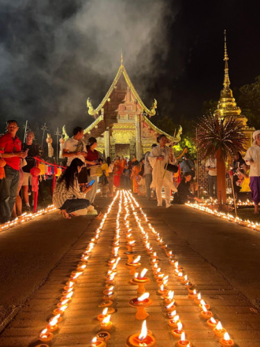 People celebrating Loy Krathong on a temple in Chiang Mai