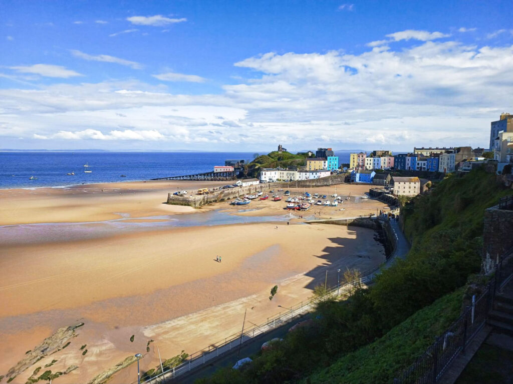 Overlooking view of the peaceful shoreline and calm Tenby North Beach