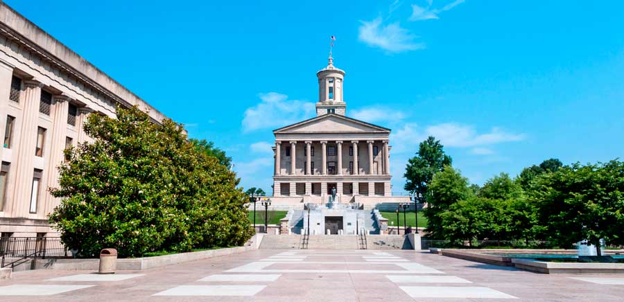 The Tennessee State Capitol under the clear blue sky in Nashville