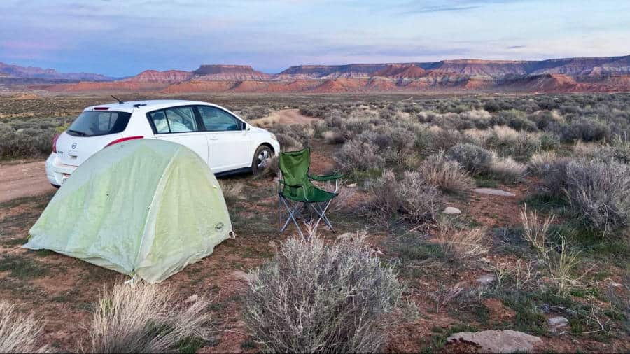 A tent and a car on BLM land just outside of Zion National Park
