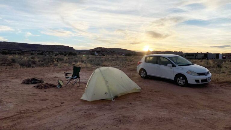 View of a tent camping on BLM land on the north side of town in Moab