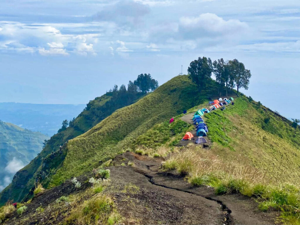 View of the colorful tents set up on the crater rim