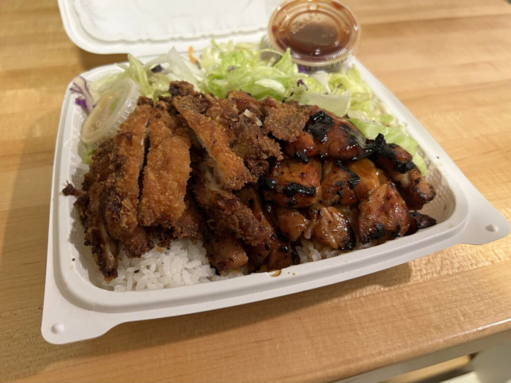 Teriyaki and katsu in a take out container from Nikko Teriyaki in West Seattle
