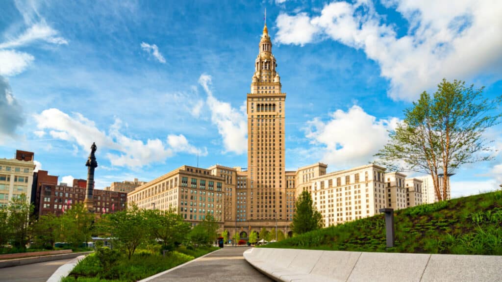 View of the Terminal Tower in Public Square on a sunny day