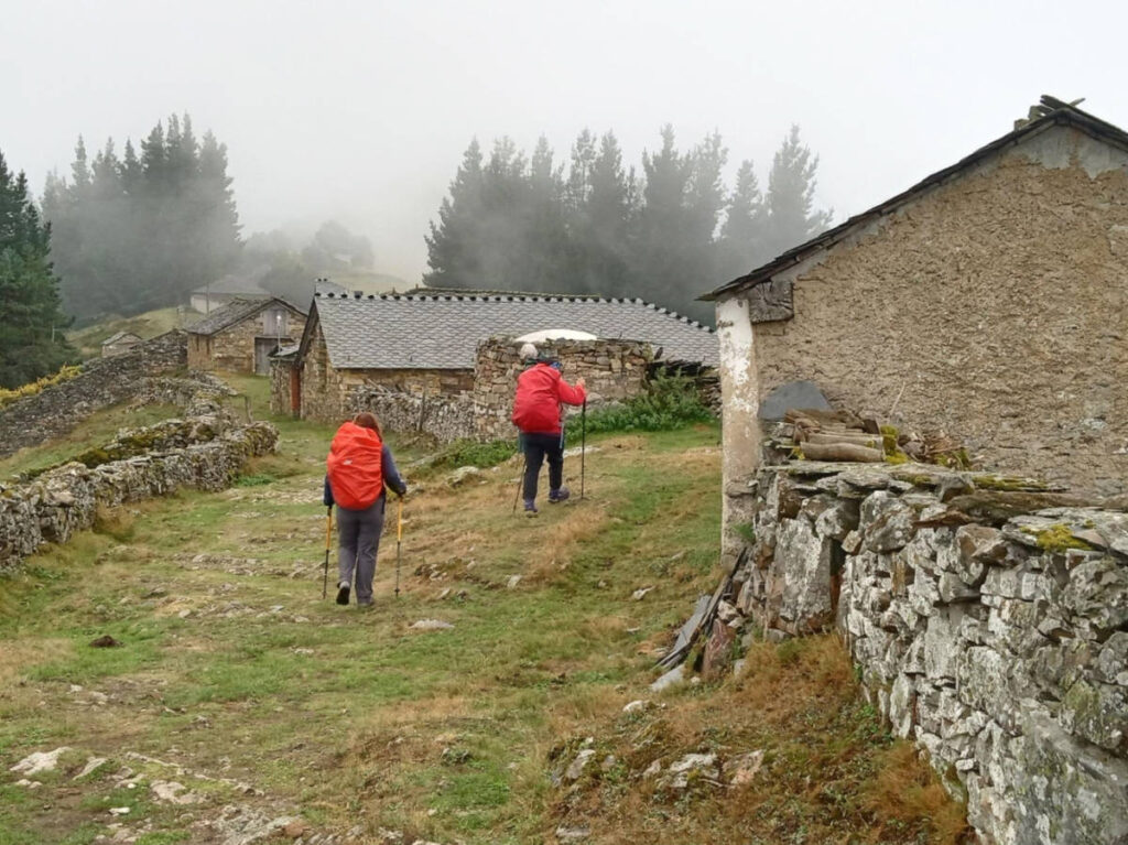 Two people holding a walking pole while navigation a terrain on the Camino
