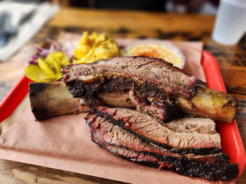 A beef rib served in Terry Black’s Barbecue