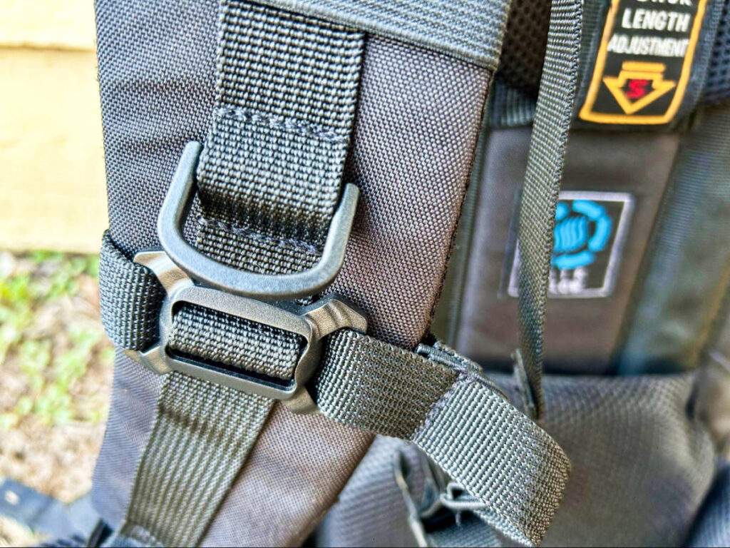 Closeup view of the hardware on the strap of the Teton Sports Scout Backpack