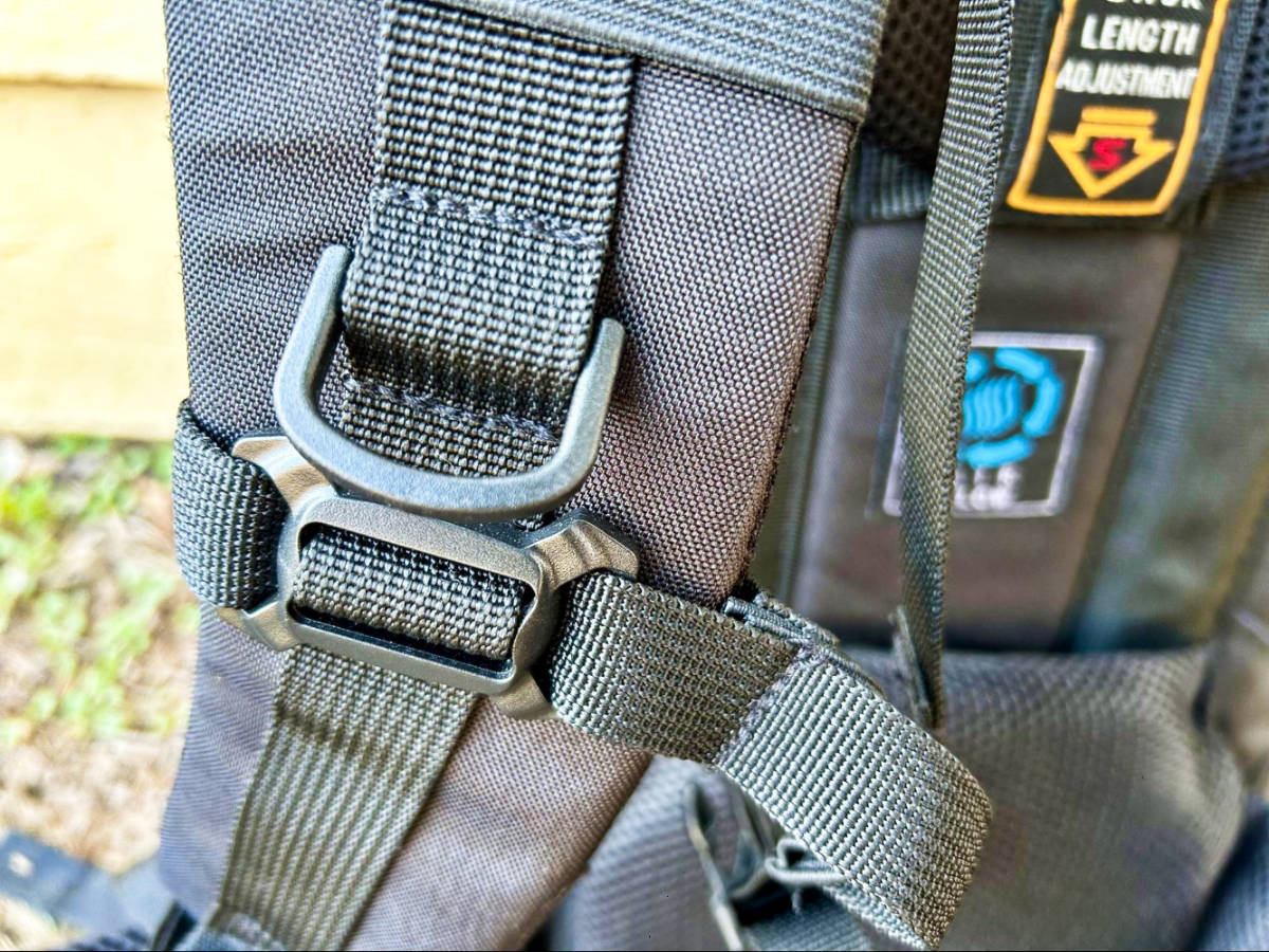 Closeup view of the hardware on the strap of the Teton Sports Scout Backpack