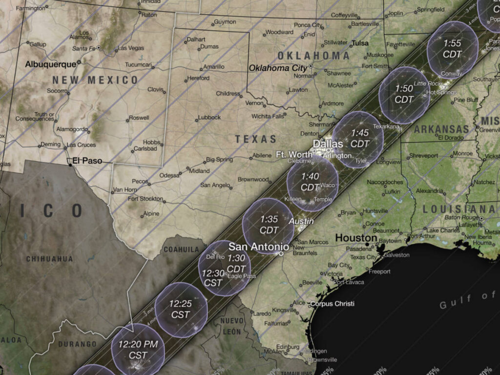 The path of the solar eclipse through the state of Texas