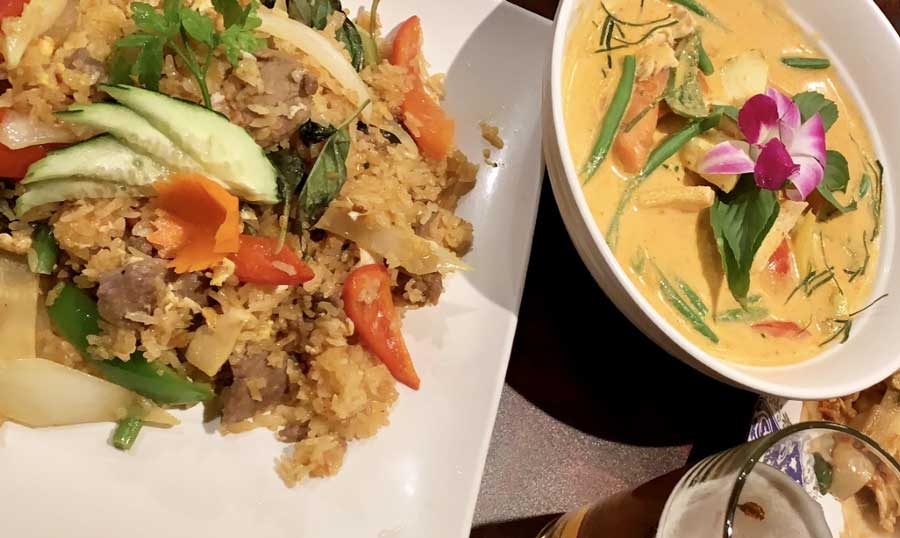 Panang curry, beef fried rice, and a glass of beer from Thai House Mesa