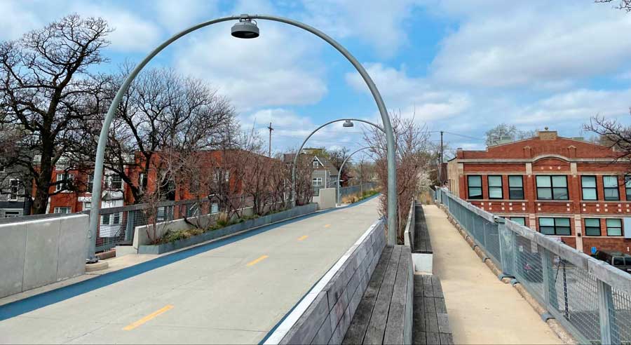 The The 606 Bloomingdale Trail under the clear blue sky