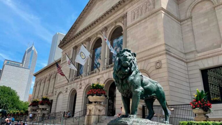 View of the Lion statue at the Entrance to the Art Institute of Chicago