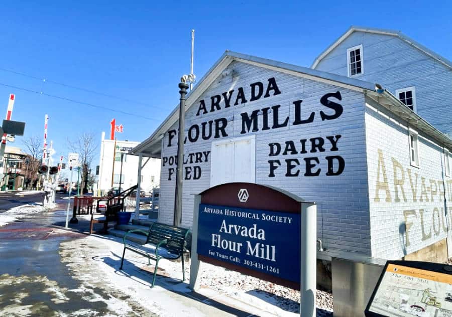 Close up view of the exterior of Arvada Flour Mill