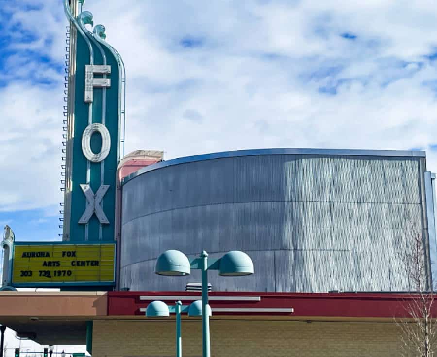The famous vintage sign outside the Aurora Fox Arts Center