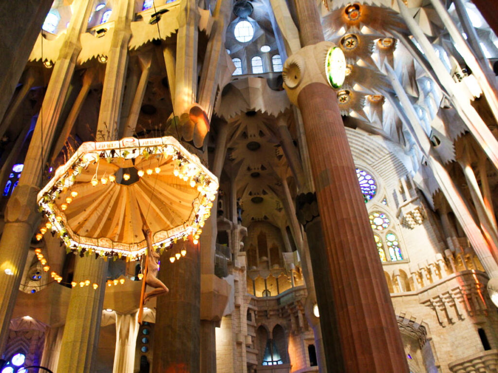Closeup view of the Baldachin sculpture on the main altar at La Sagrada Familia