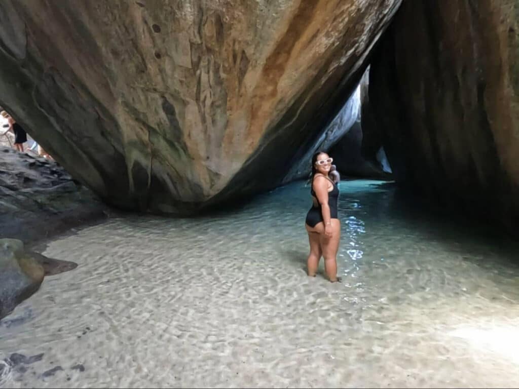 The author's wife posing for a photo at The Caves